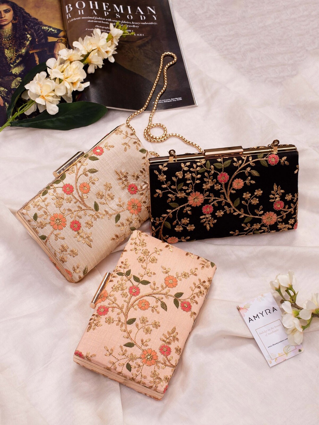 

AMYRA Floral Creeper Embroidered Box Clutch, Black