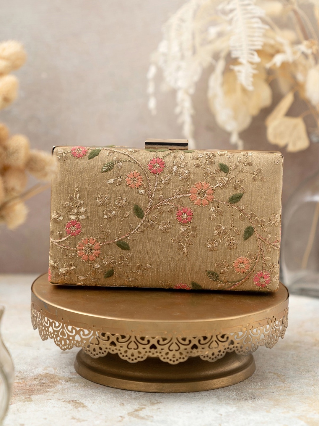 

AMYRA Floral Embroidered Fabric Box Clutch, Gold