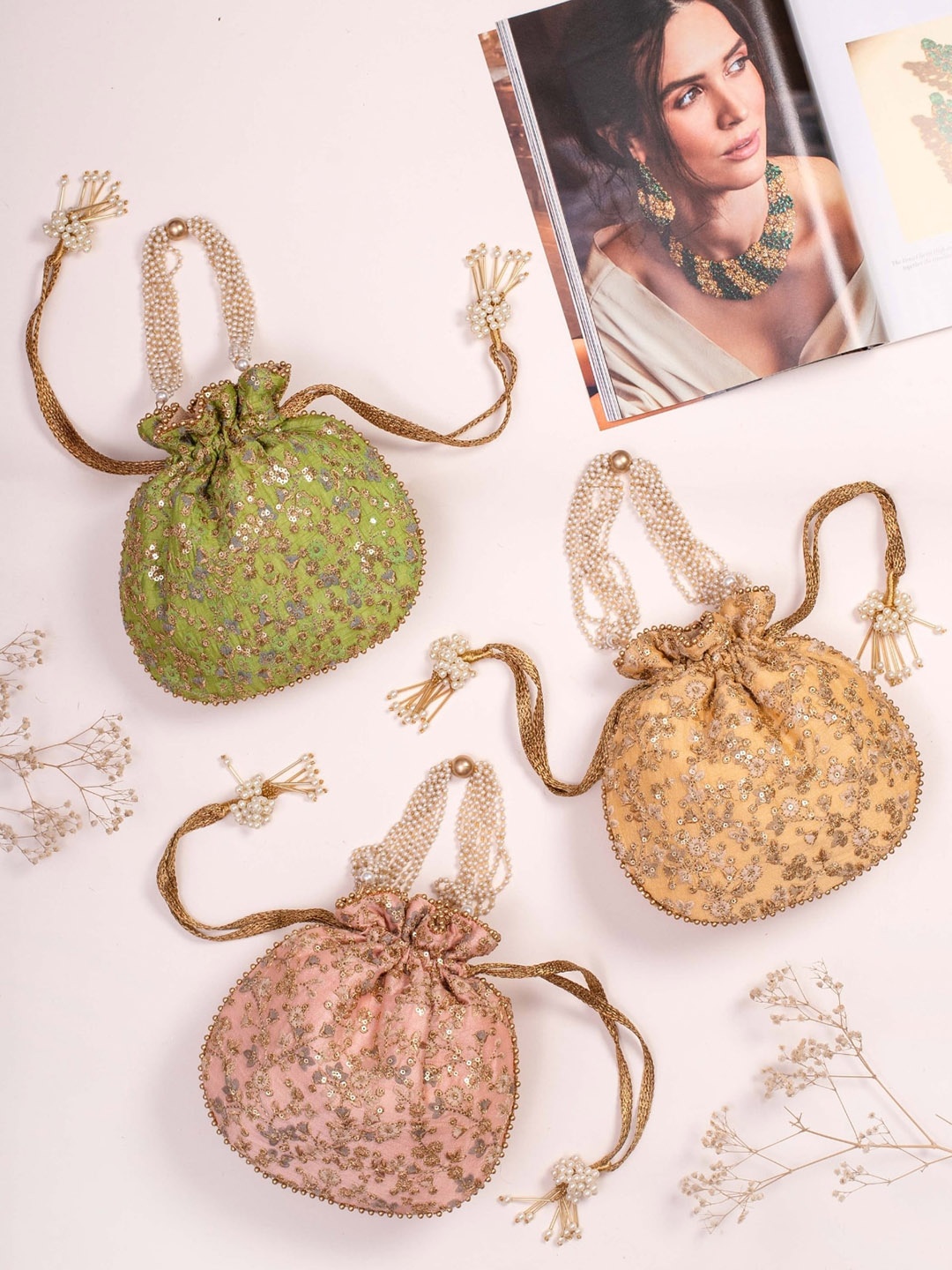 

AMYRA Embelished Sequinned Potli Bag, Beige