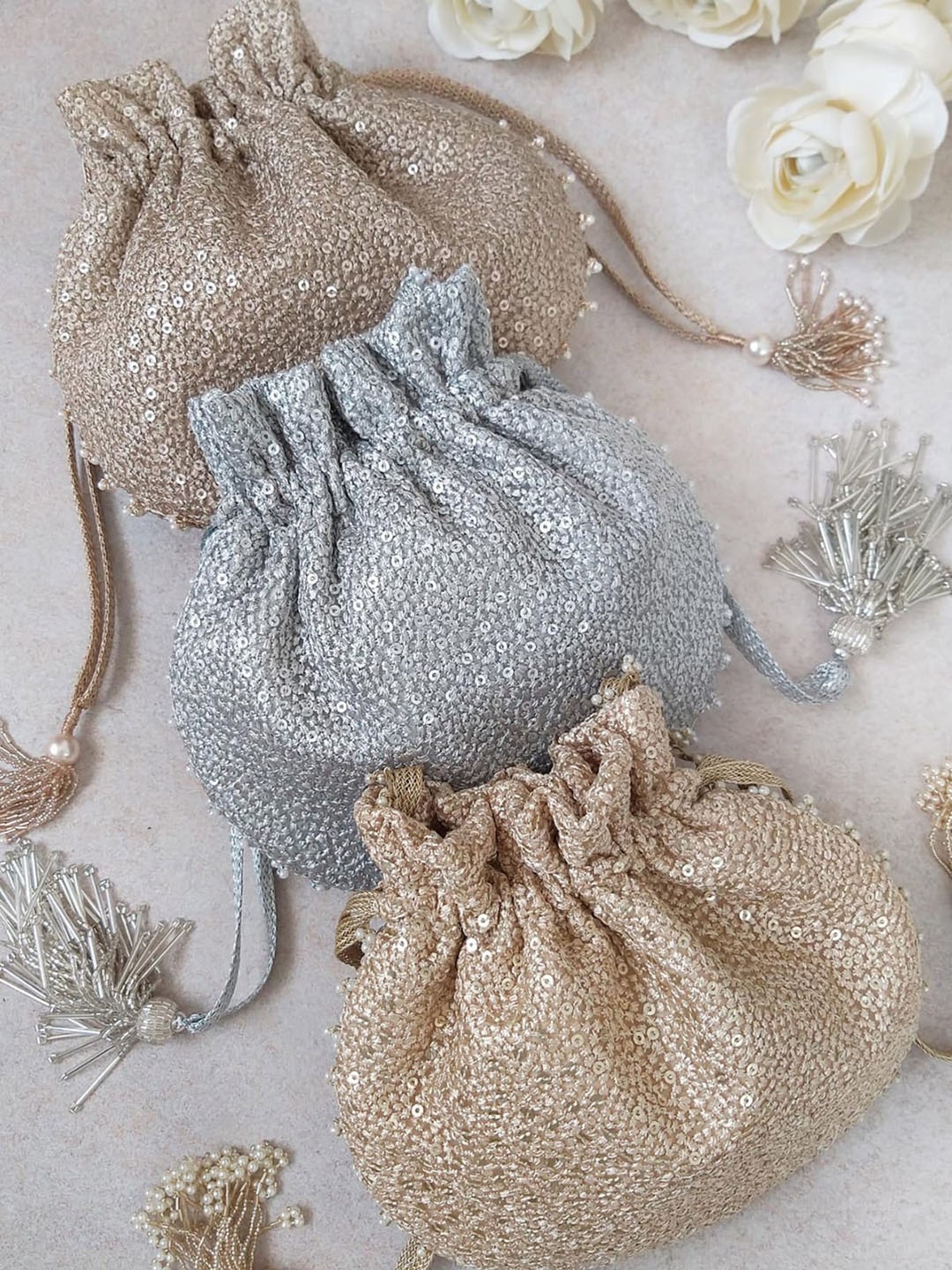 

AMYRA Sequin Embellished Potli, Silver