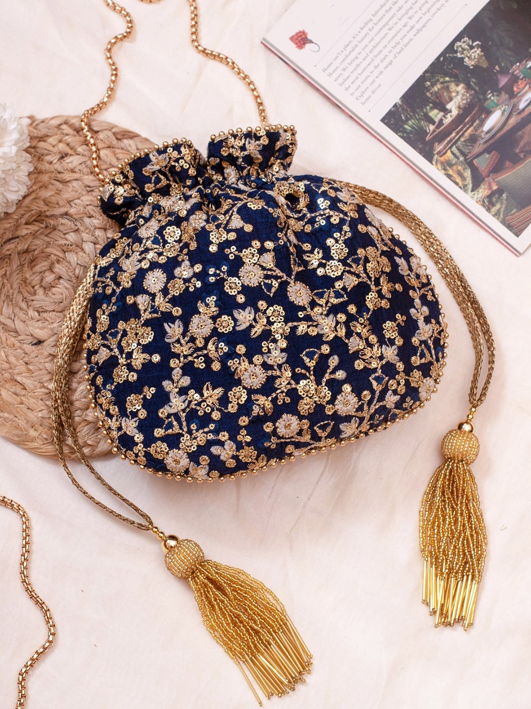 

AMYRA Floral Embroidered Potli, Navy blue