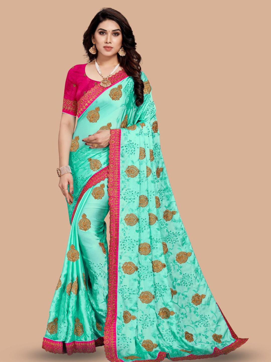 

MAGMINA Ethnic Motifs Embroidered Pure Chiffon Saree, Turquoise blue