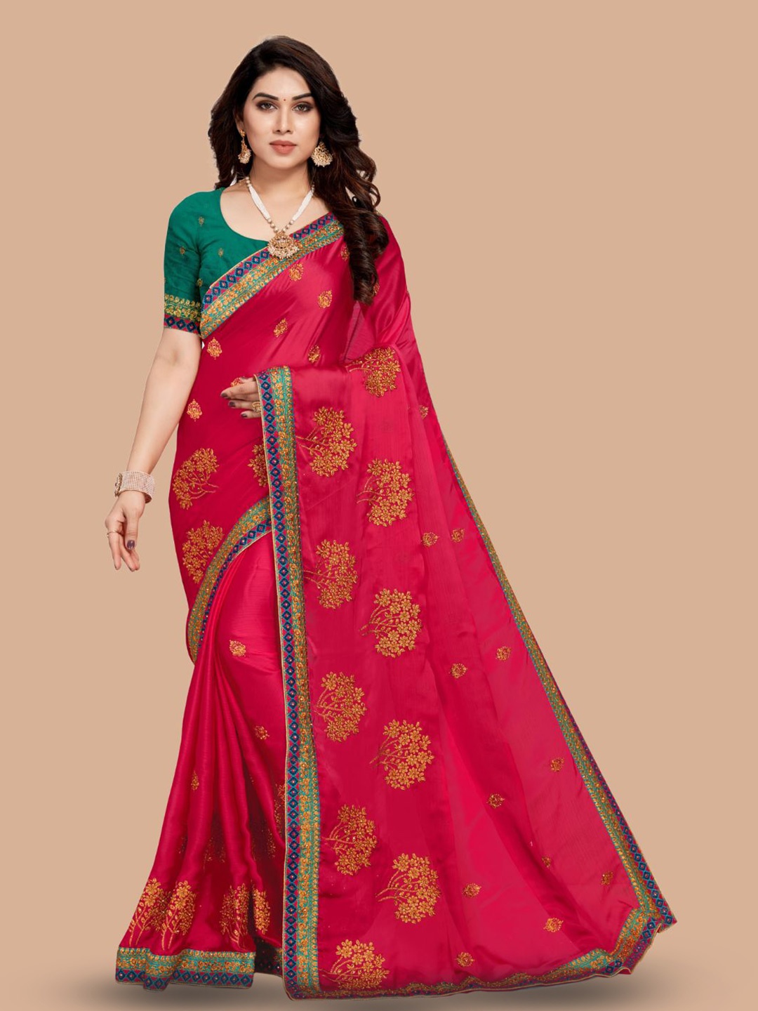 

MAGMINA Floral Embroidered Pure Chiffon Saree, Pink