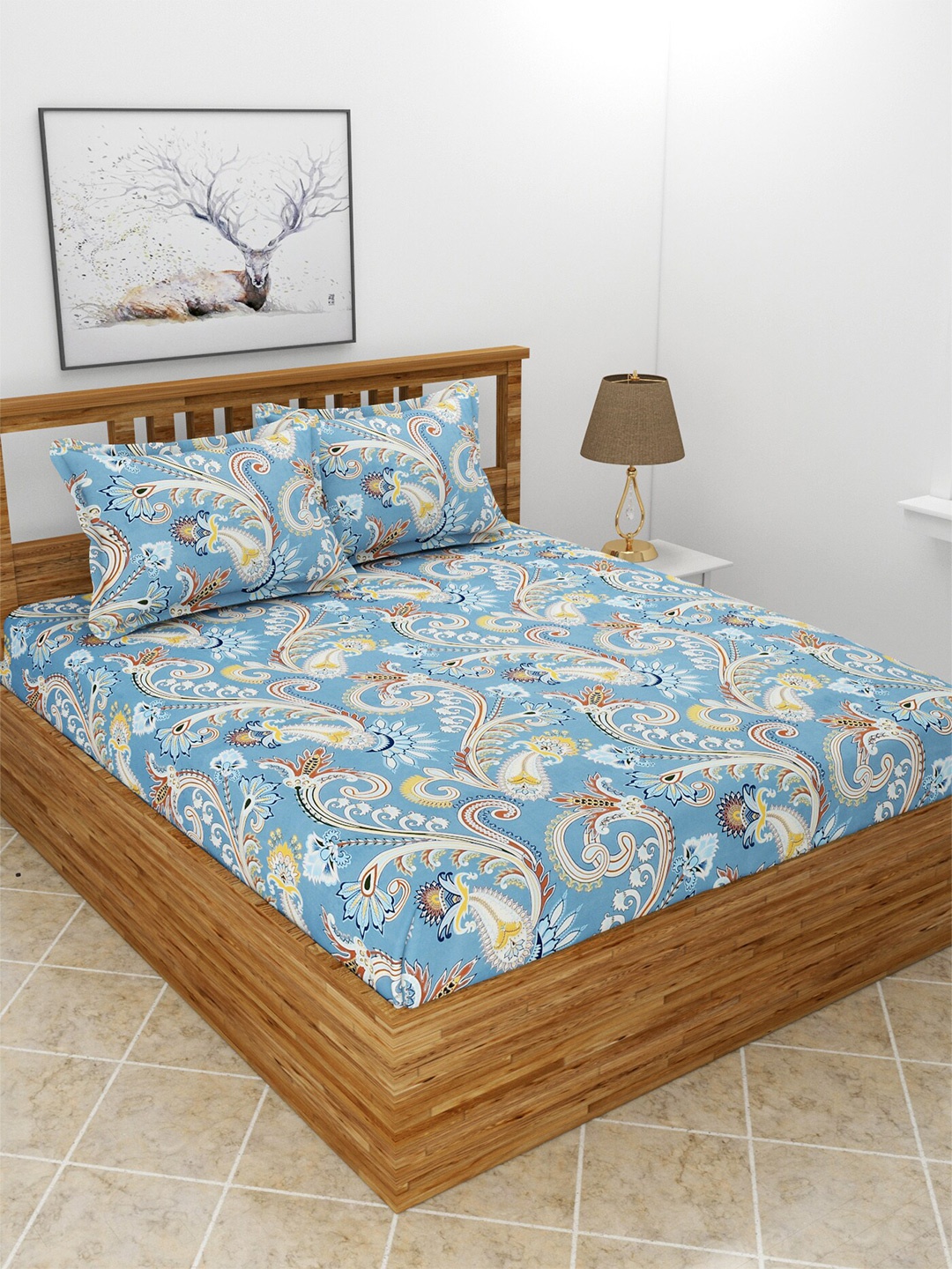 

BREVARD Blue & Red Ethnic Motifs 210 TC Queen Bedsheet with 2 Pillow Covers