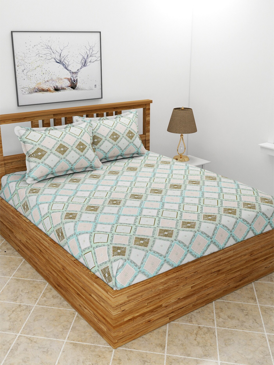 

BREVARD Blue & Green Geometric 210 TC Queen Bedsheet with 2 Pillow Covers