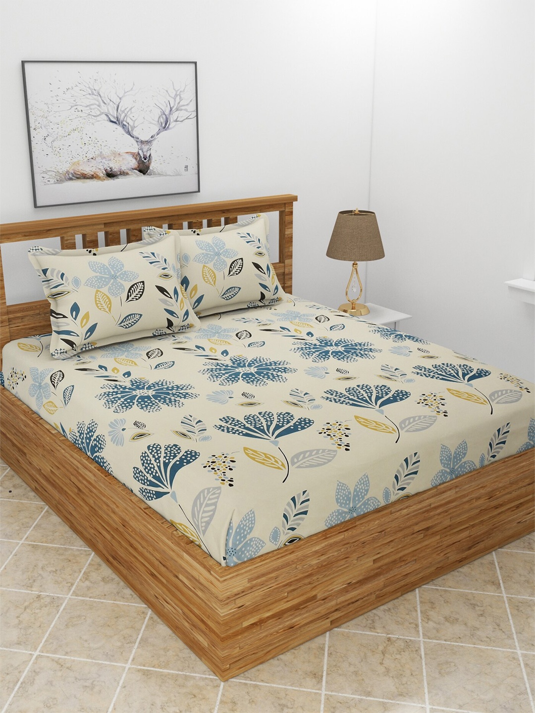 

BREVARD Blue & Cream-Coloured Floral 210 TC King Bedsheet with 2 Pillow Covers