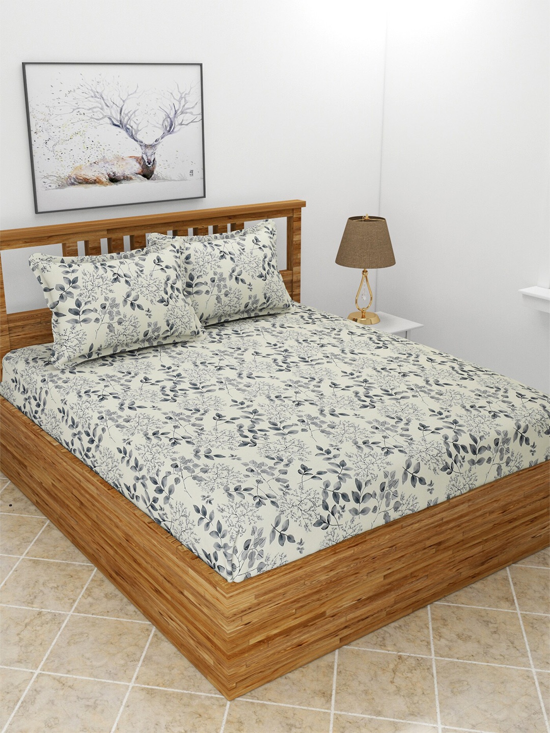 

BREVARD Cream-Coloured & Grey Floral 210 TC Queen Bedsheet With 2 Pillow Covers