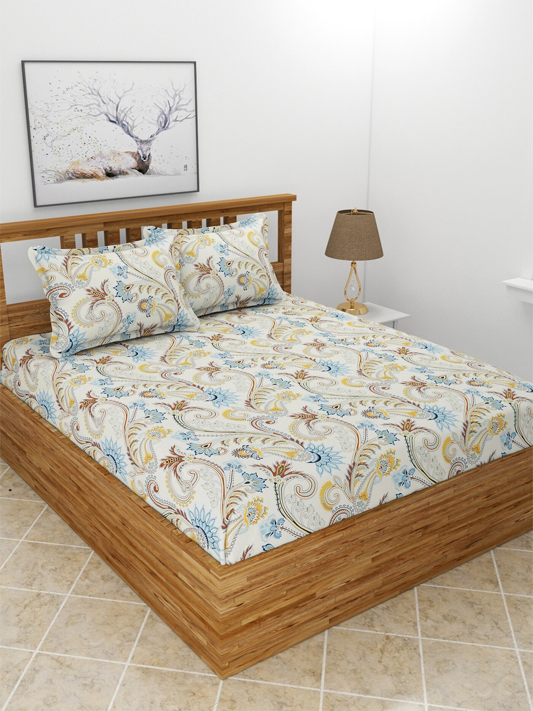 

BREVARD Off White & Blue Ethnic Motifs 210 TC Queen Bedsheet with 2 Pillow Covers