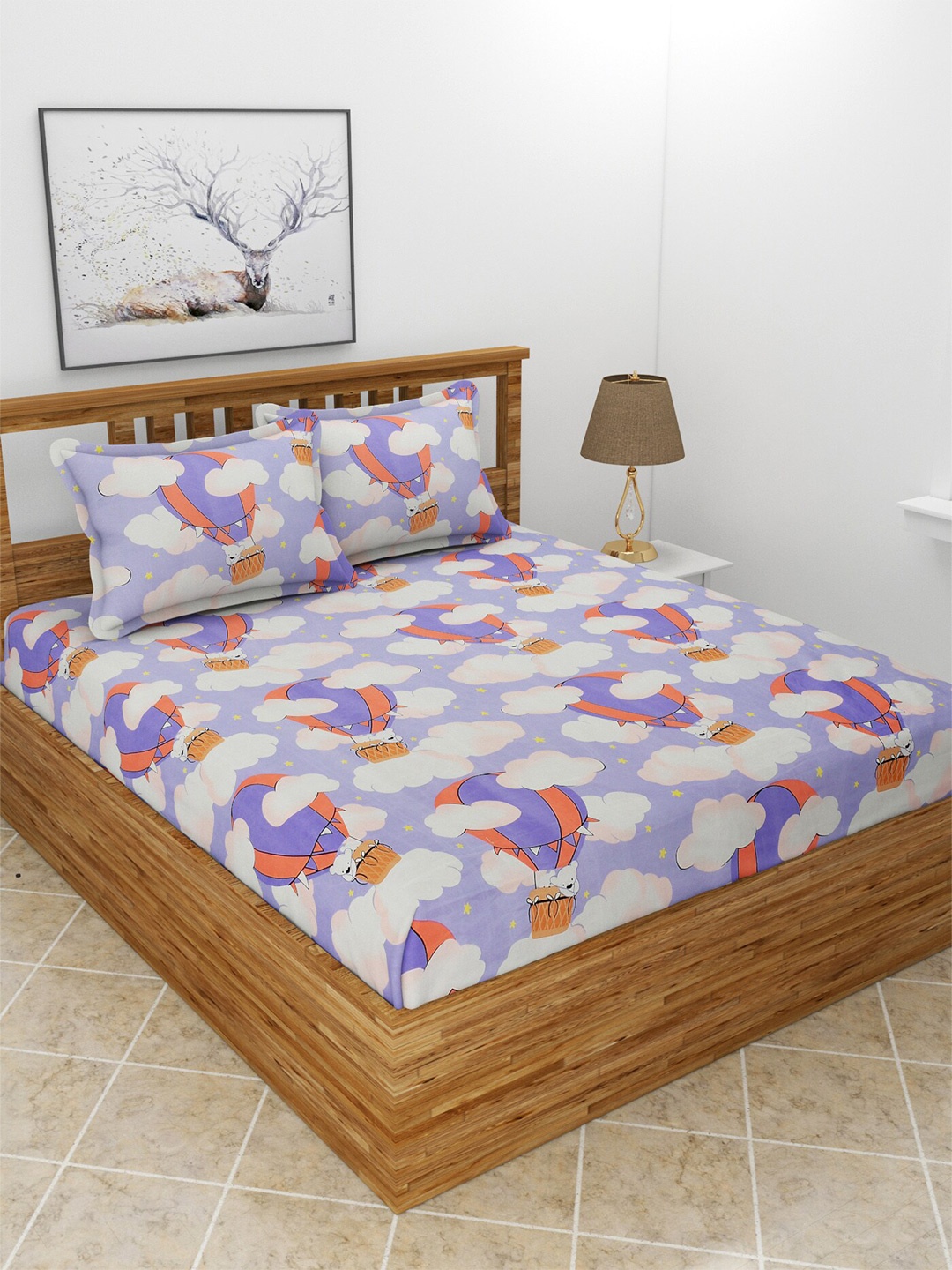 

BREVARD Purple & White Cartoon Characters 210 TC Queen Bedsheet with 2 Pillow Covers