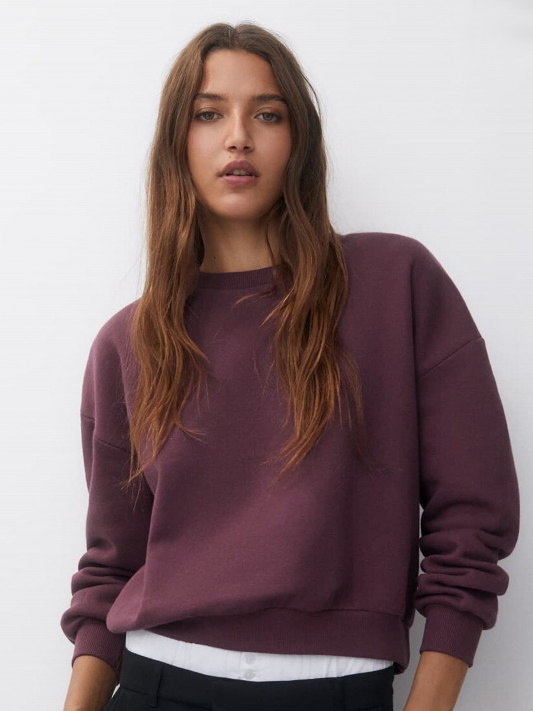 

MISCHIEF MONKEY Long Sleeves Fleece Cotton Oversized Pullover Sweatshirt, Purple