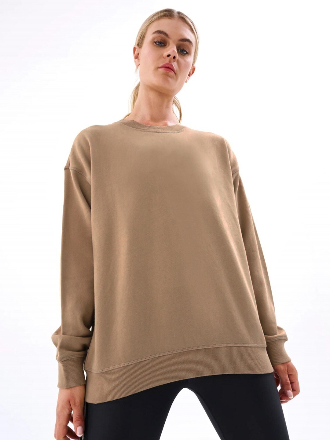 

MISCHIEF MONKEY Long Sleeves Fleece Cotton Oversized Pullover Sweatshirt, Beige