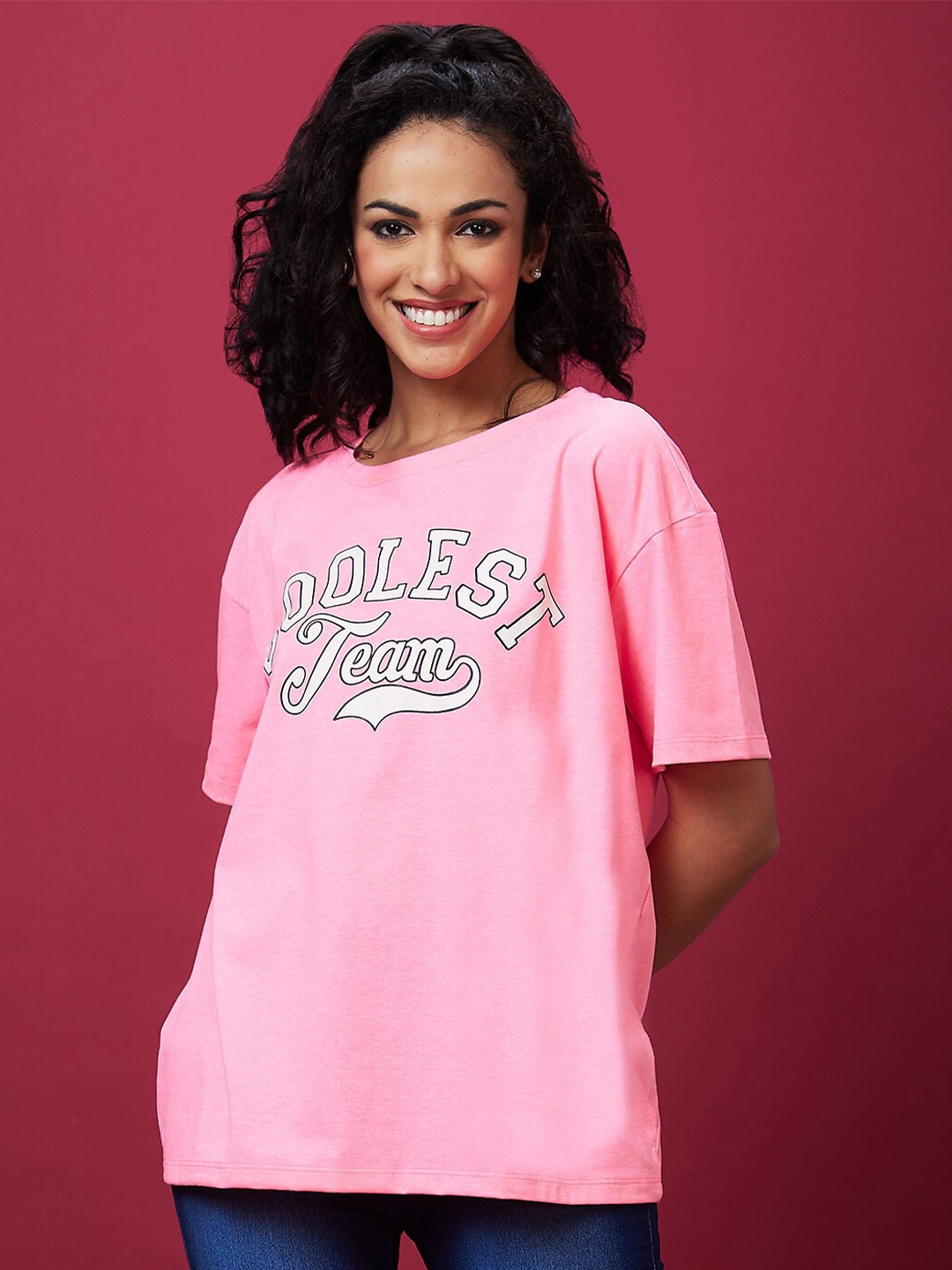 

Globus Typography Printed Oversized Pure Cotton Boxy Fit T-shirt, Pink