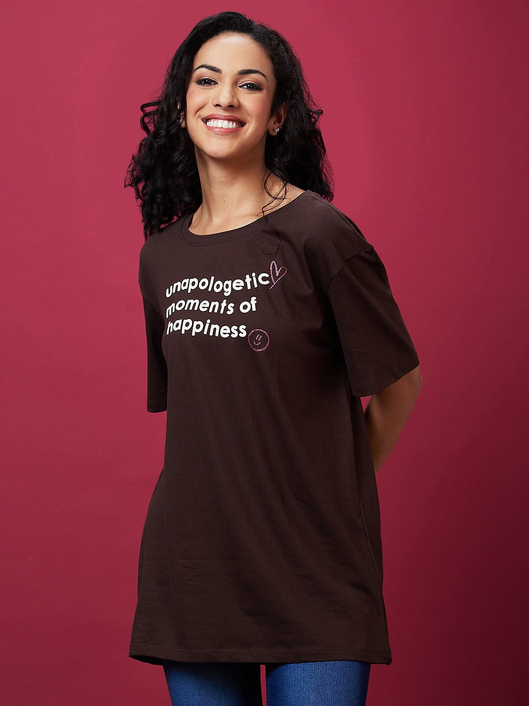 

Globus Typography Printed Pure Cotton Longline T-shirt, Brown