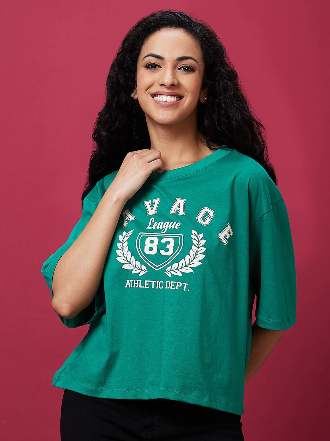 

Globus Typography Printed Oversized Pure Cotton Boxy T-shirt, Green