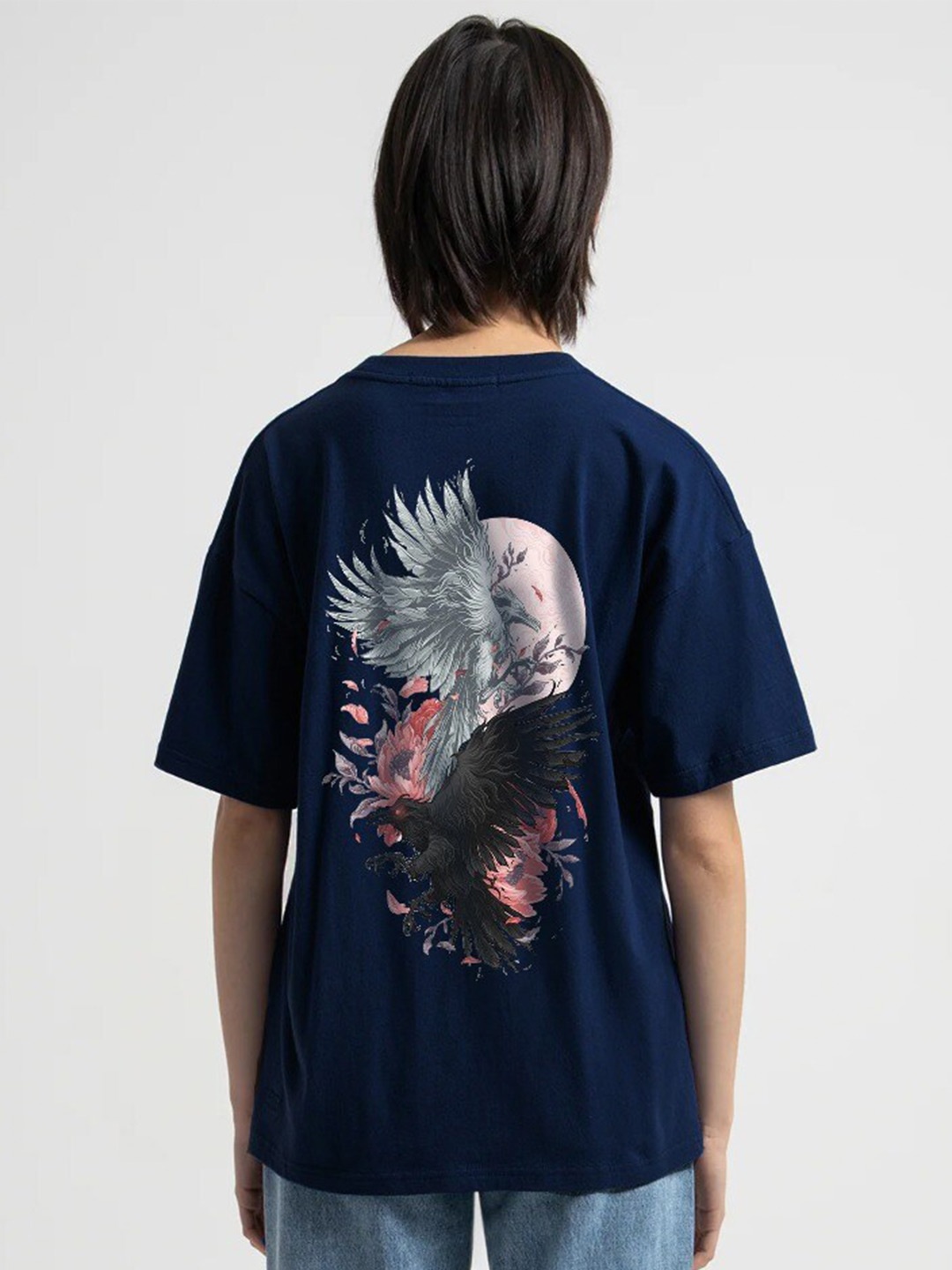 

MISCHIEF MONKEY Graphic Printed Drop-Shoulder Sleeves Pure Cotton T-shirt, Navy blue
