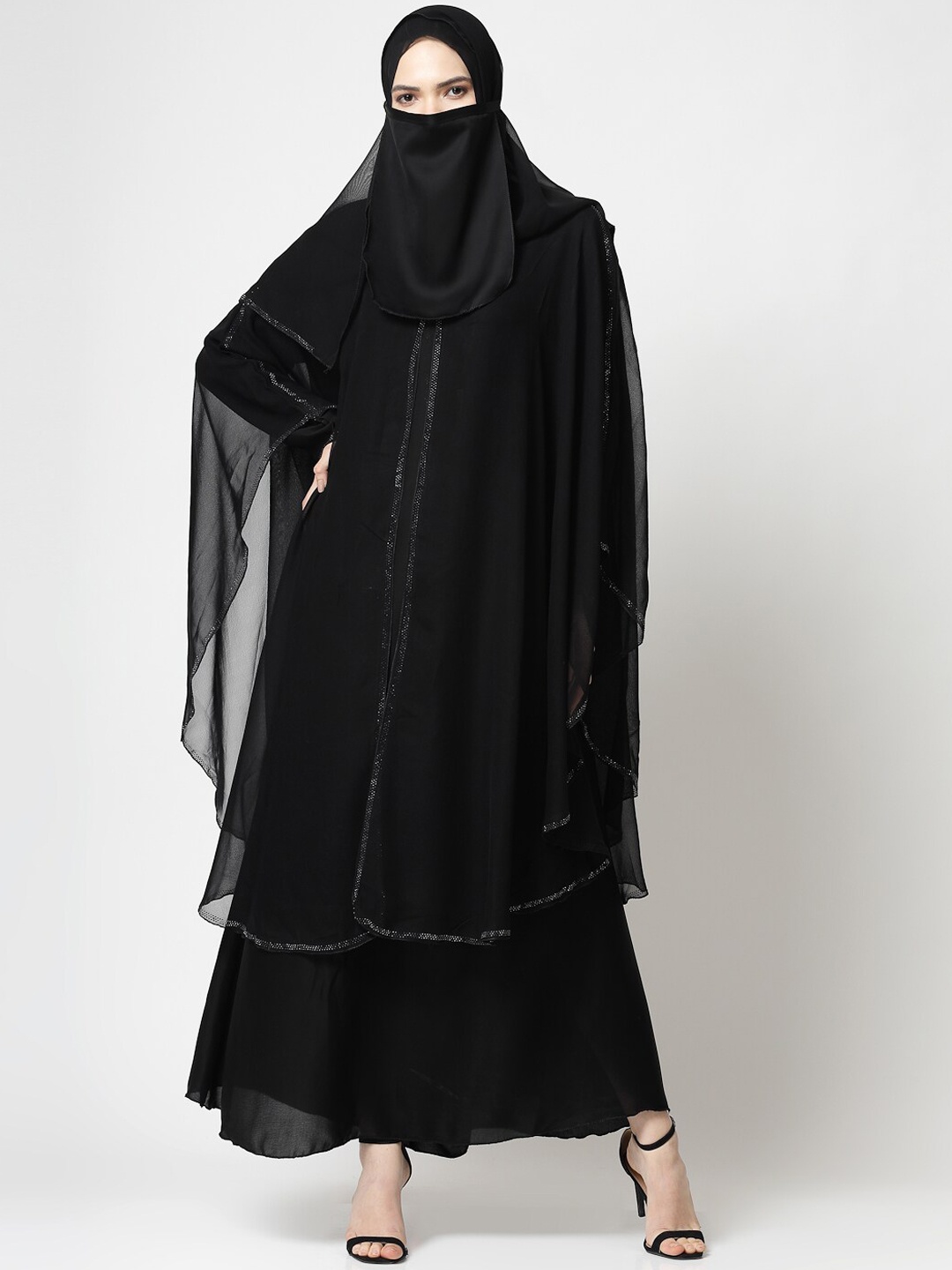 

KLOTTHE Embellished Burqa With Scarves, Black