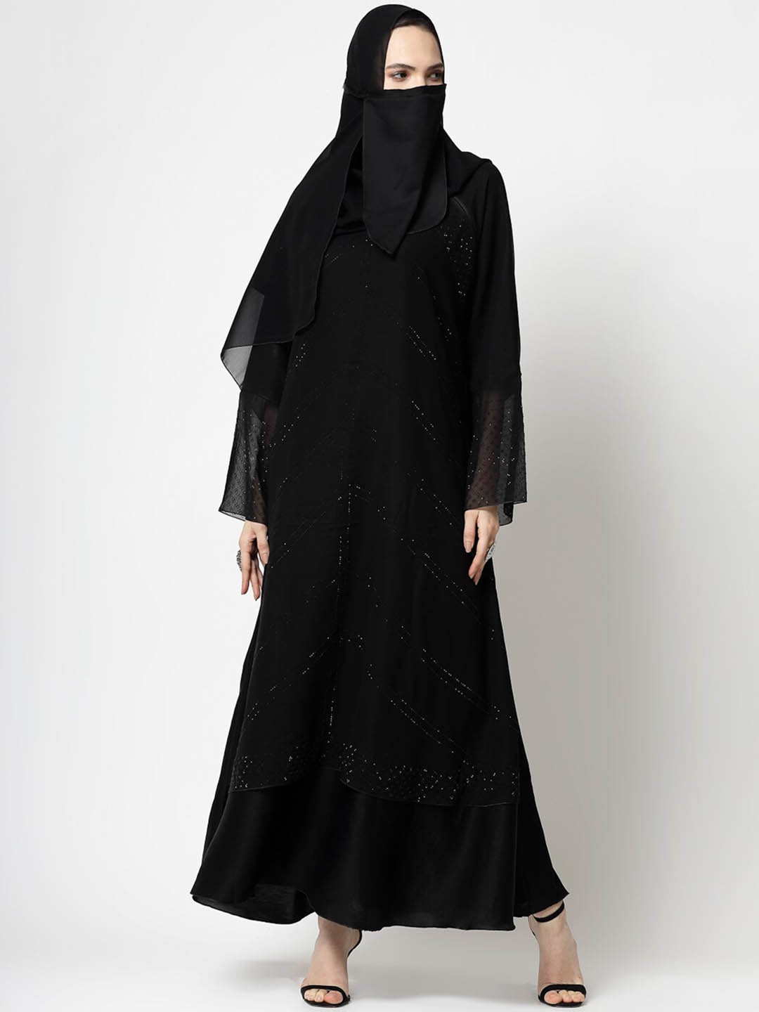 

KLOTTHE Embellished Burqa With Scarves, Black