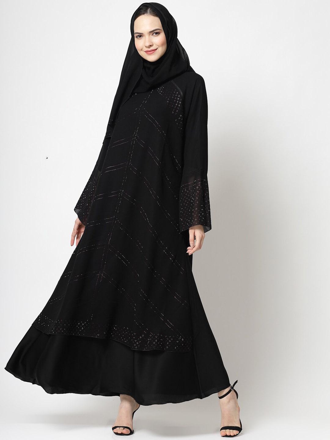 

KLOTTHE Embellished Burqa With Scarves, Black