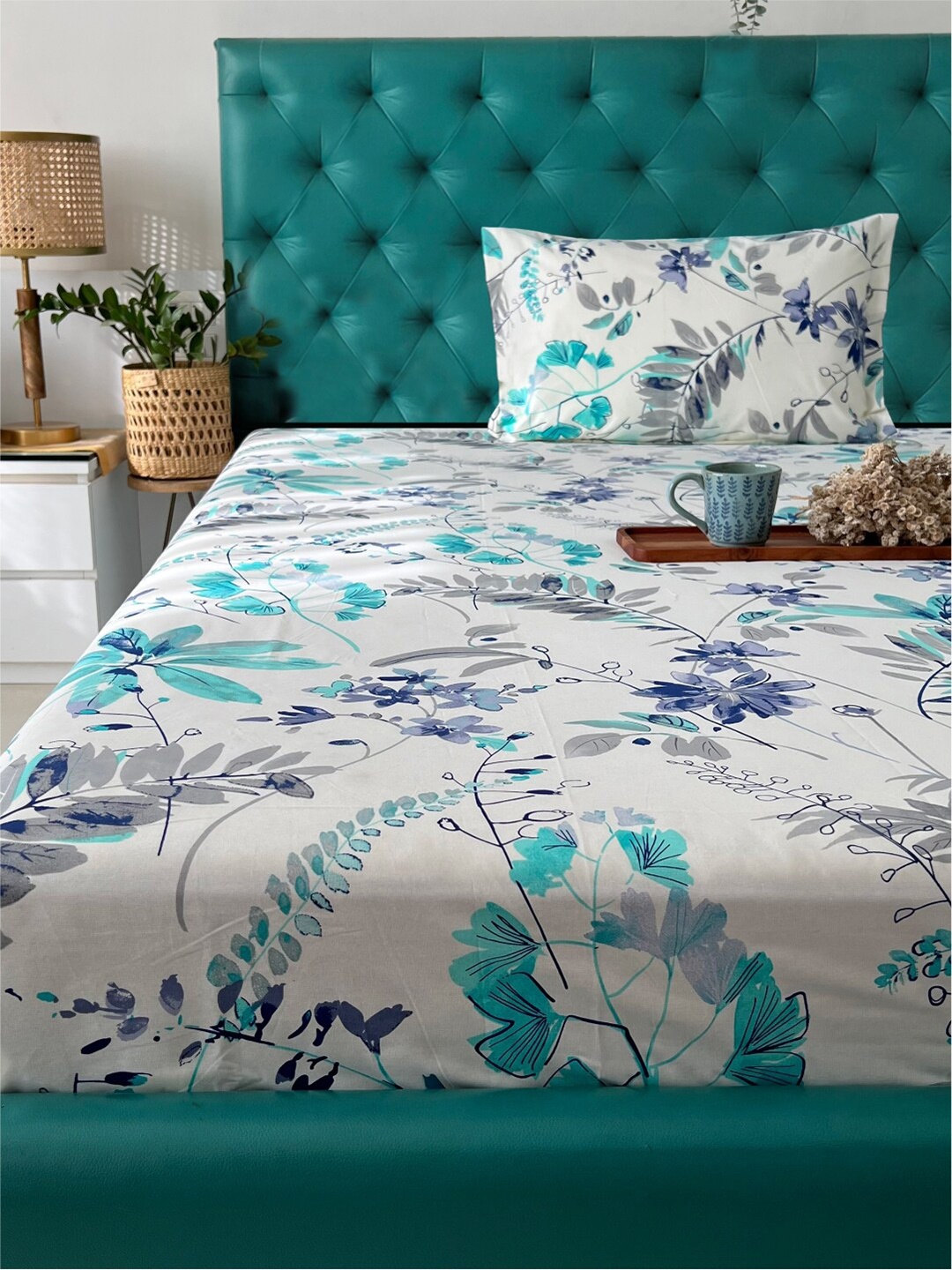 

URBAN SPACE Serene Turquoise Blue Floral Cotton 200 TC Single Bedsheet & 1 Pillow Cover