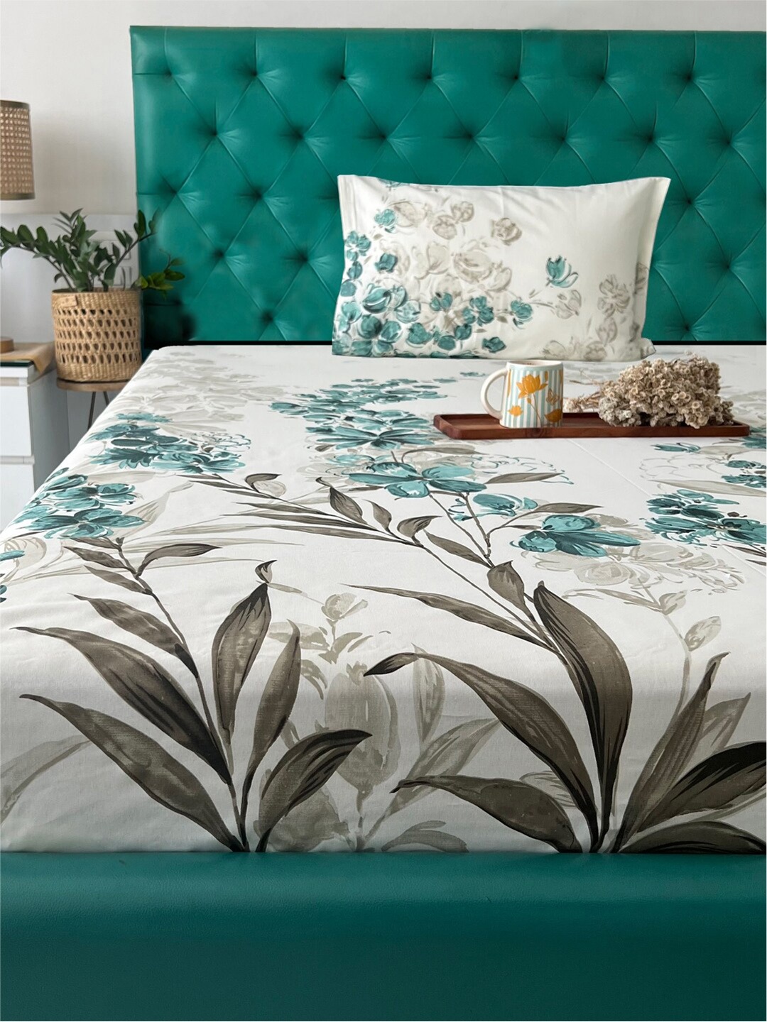 

URBAN SPACE Serene Turquoise Blue Floral Cotton 200 TC Single Bedsheet & 1 Pillow Cover