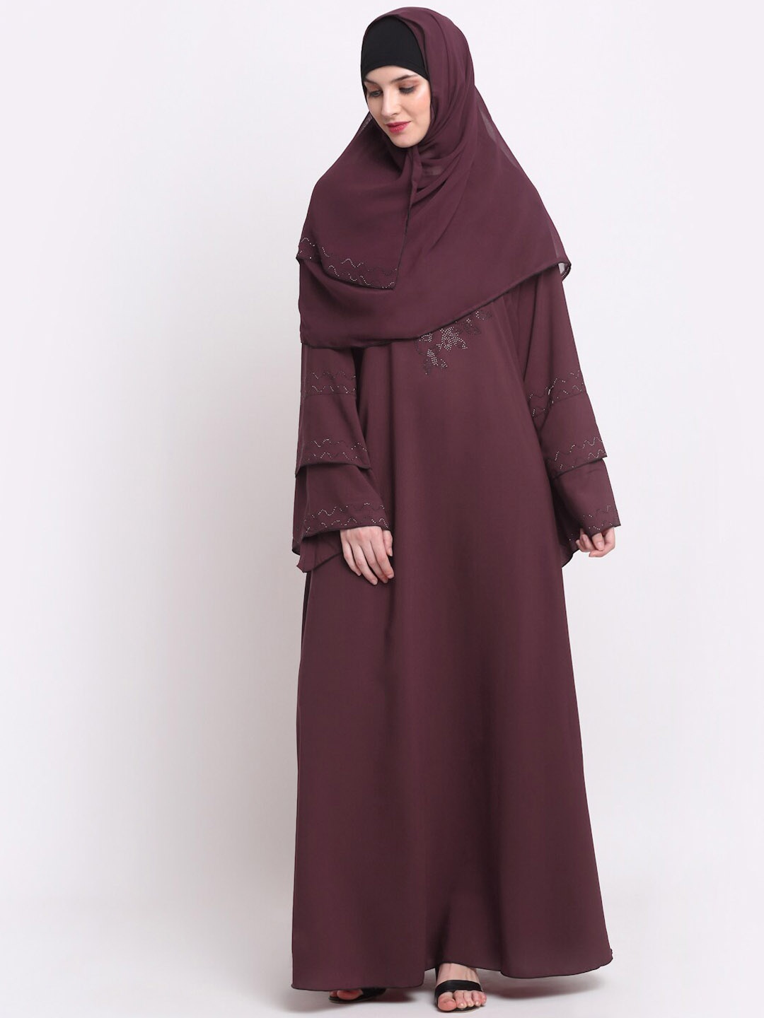 

KLOTTHE Embellished Burqa With Scarves, Maroon