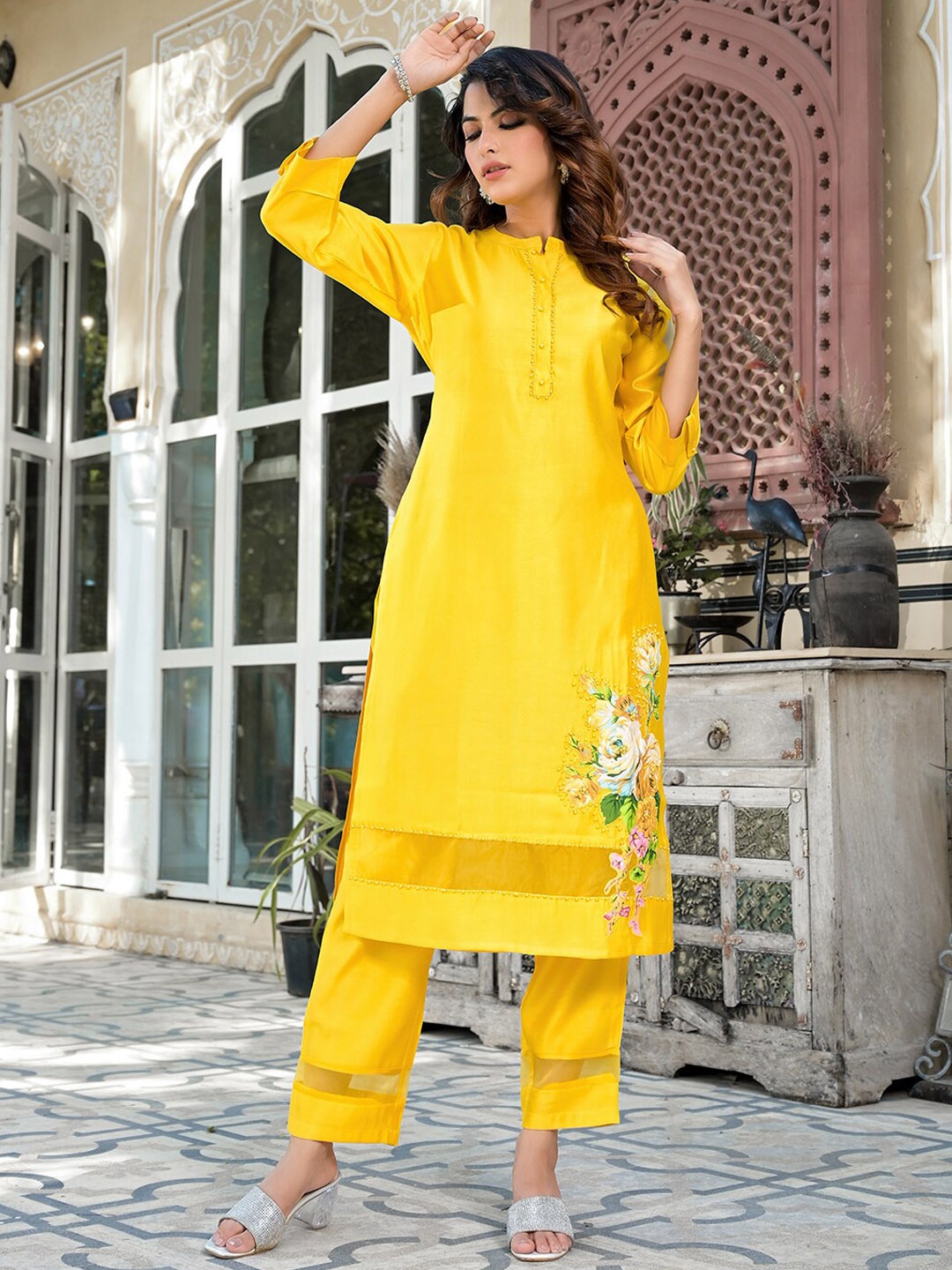 

Yufta Mustard Floral Patchwork Pure Silk Kurta with Trousers