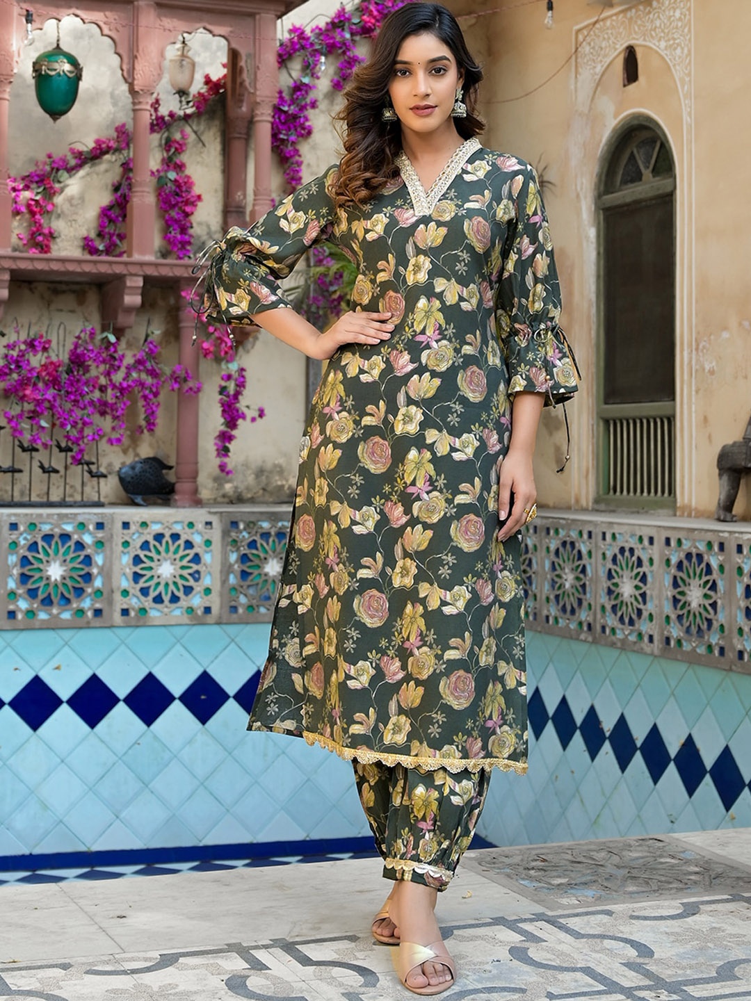 Yufta Floral Printed V-Neck Puffed Sleeves Straight Kurta With Salwar, Olive