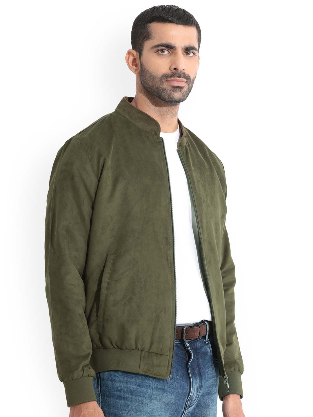 

RARE RABBIT Men Henron Regular Fit Mandarin Collar Bomber Jacket, Green