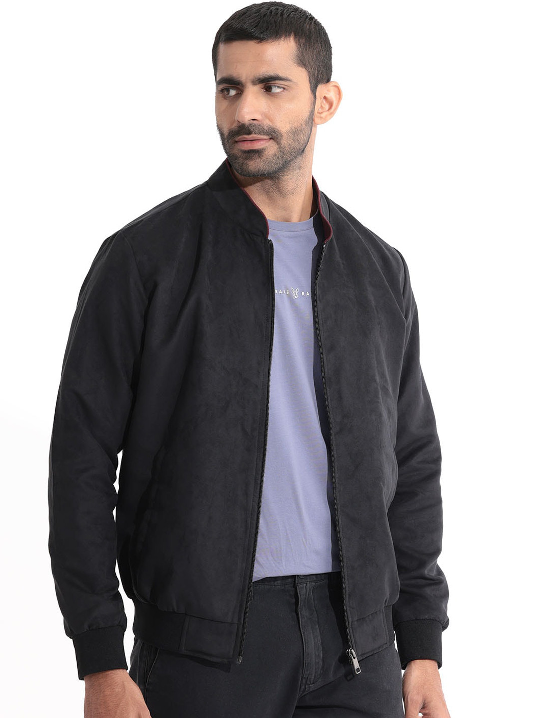 

RARE RABBIT Men Henron Regular Fit Mandarin Collar Bomber Jacket, Black