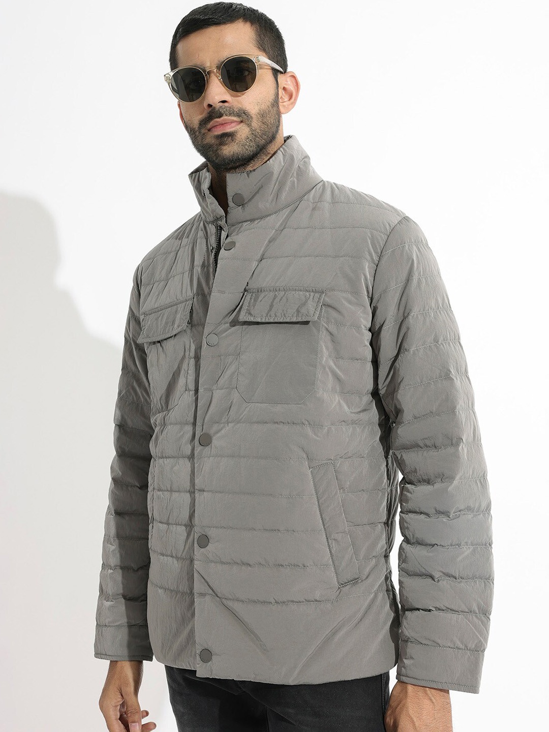 

RARE RABBIT Men Cadiz Tailored Fit Mock Collar Puffer Jacket, Grey