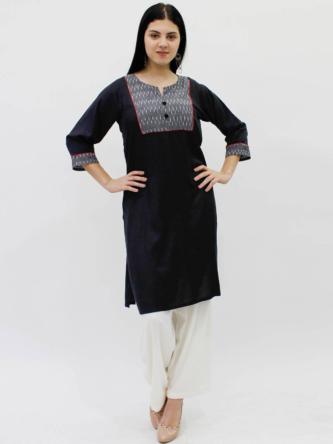 

LastInch Ethnic Motifs Yoke Design Thread Work Straight Kurta, Black