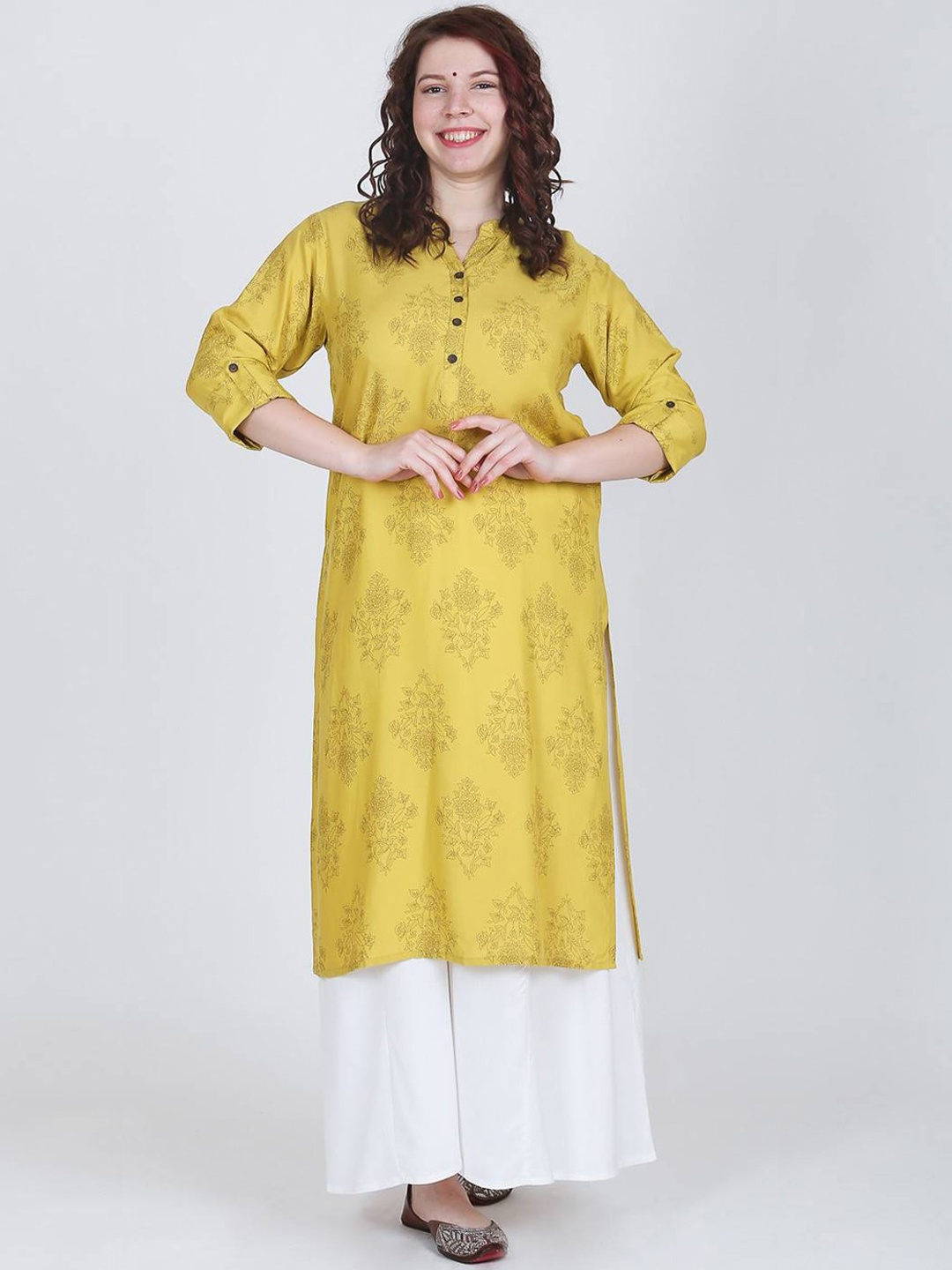 

LastInch Floral Printed Mandarin Collar Roll-Up Sleeves Straight Kurta, Yellow