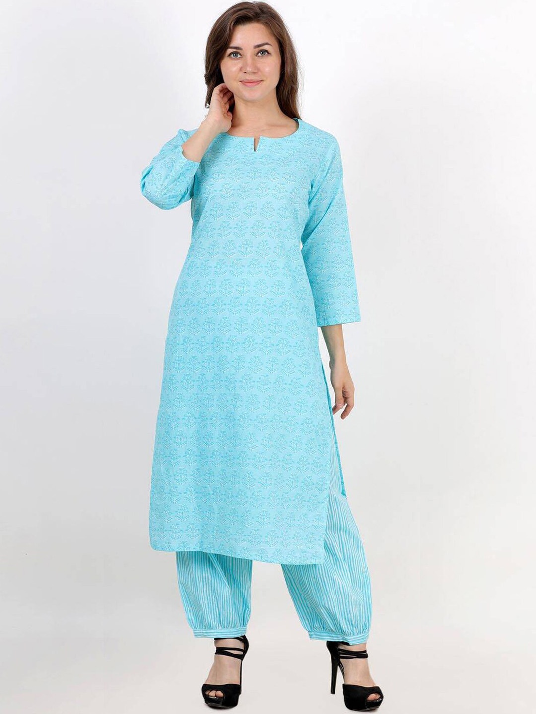 

LastInch Printed Cotton Kurta, Turquoise blue