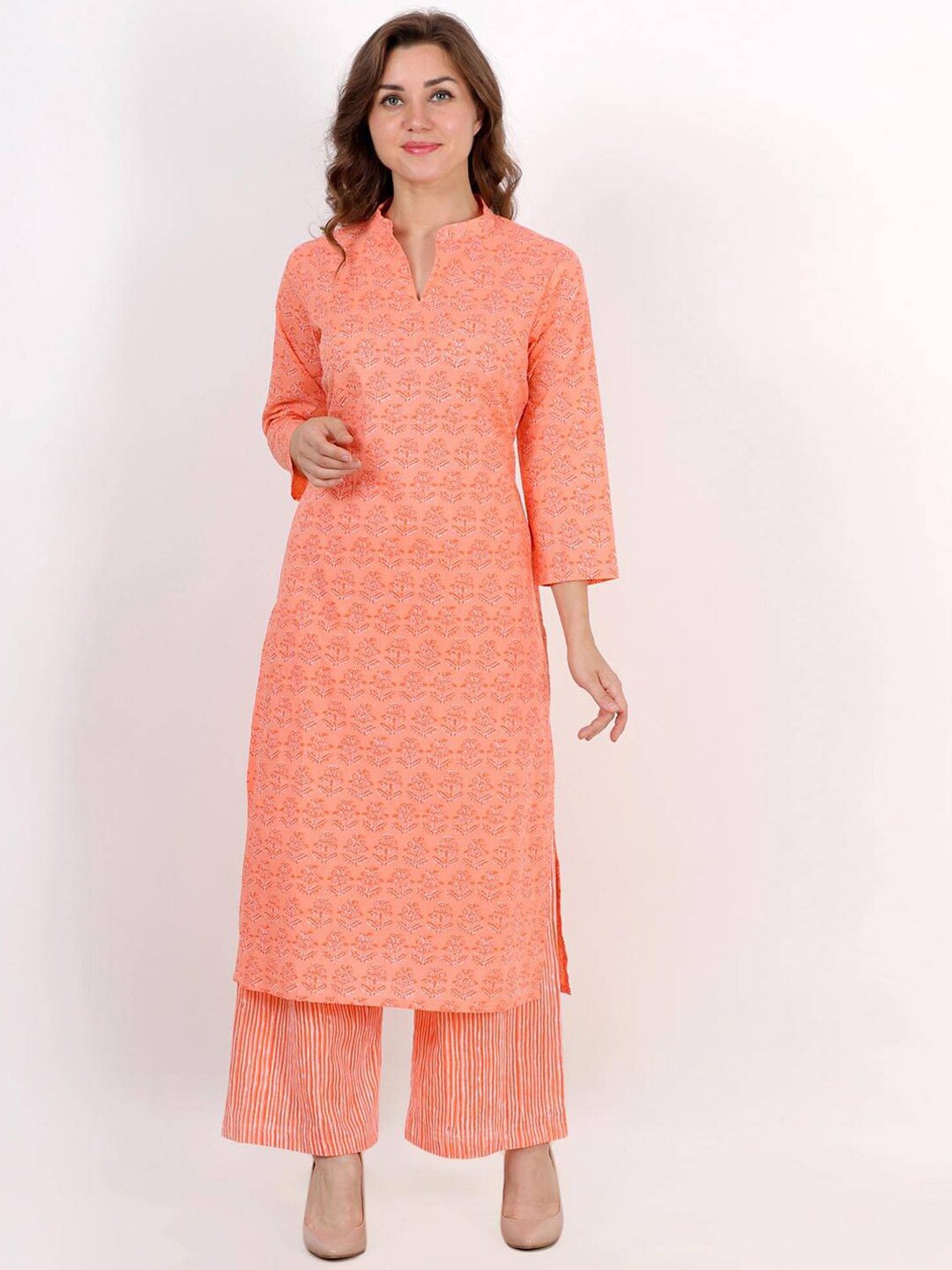 

LastInch Printed Mandarin Collar Cotton Kurta, Orange