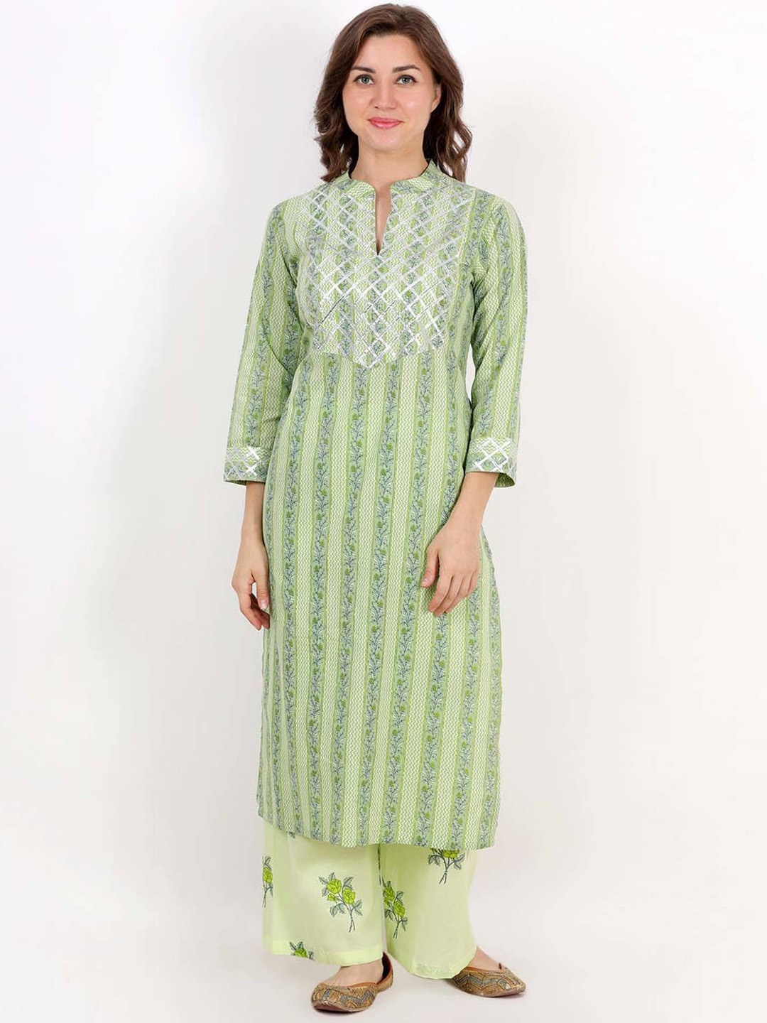 

LastInch Striped Gotta Patti Pure Cotton Straight Kurta With Palazzos, Green