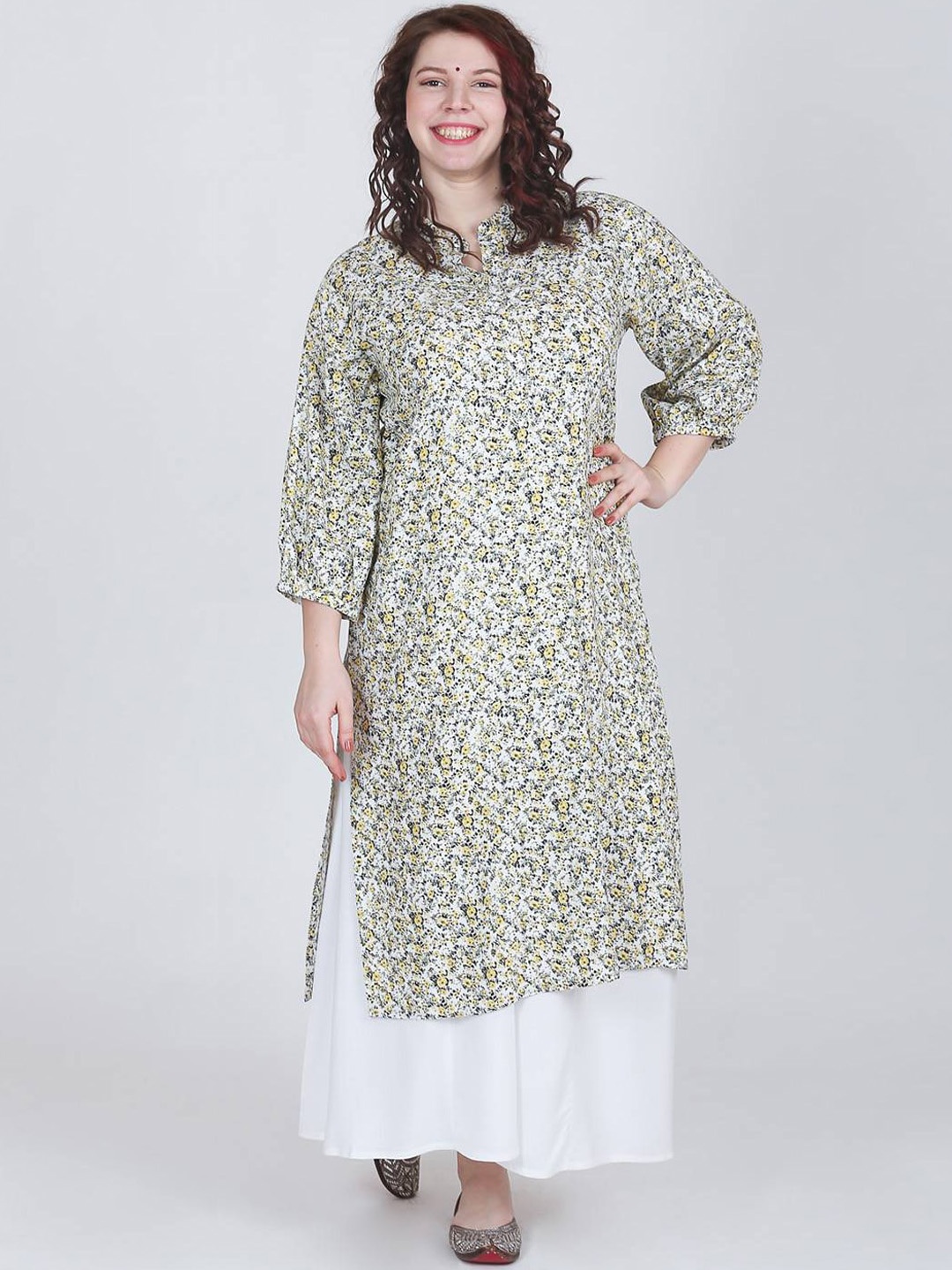 

LastInch Floral Printed Mandarin Collar Kurta, Yellow