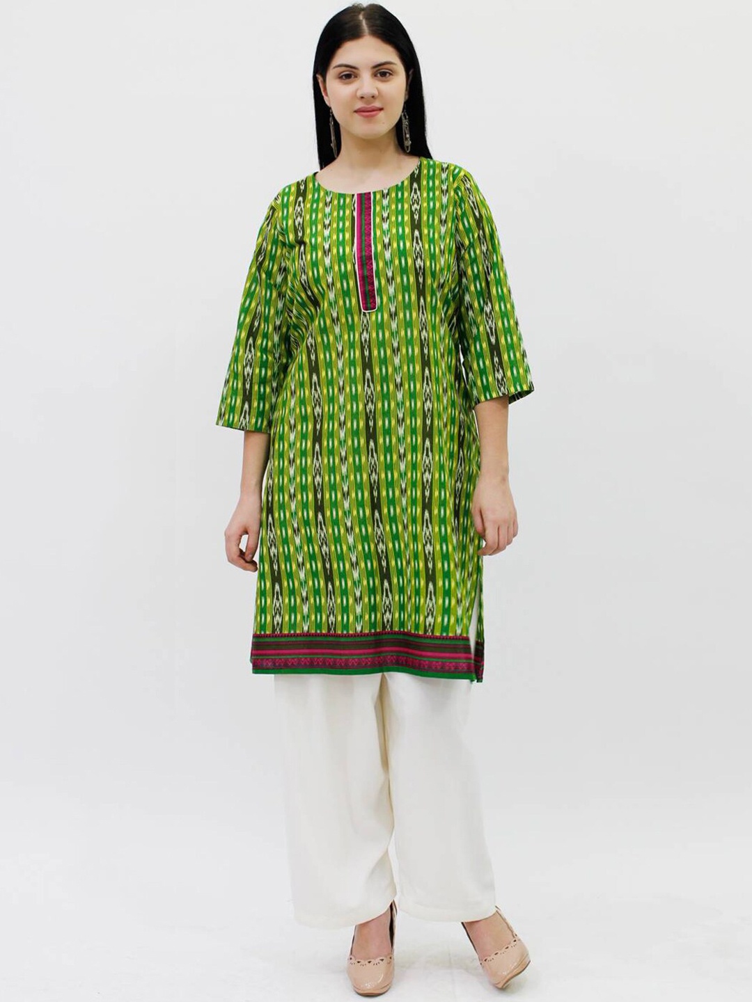

LastInch Ethnic Motifs Printed Round Neck Straight Kurta, Green