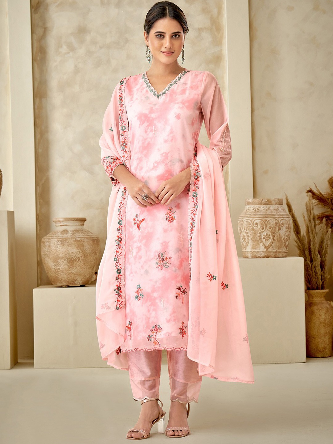 

DRESOUL Abstract Printed Thread Work Kurta With Trousers & Dupatta, Peach