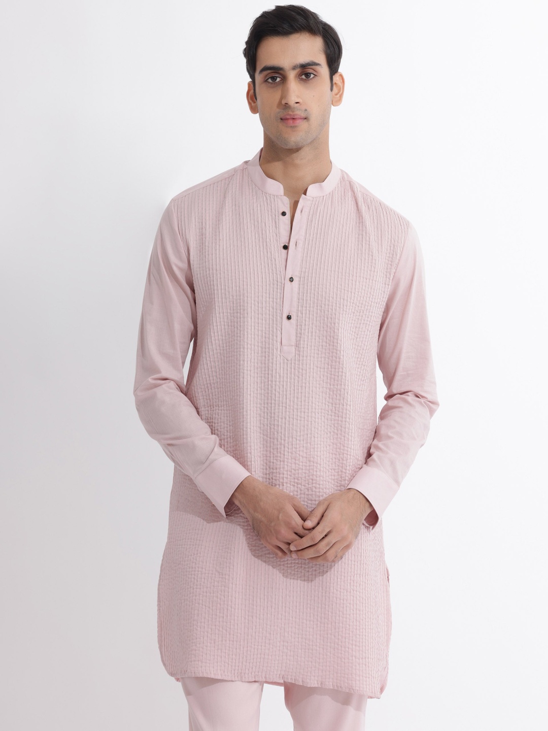 

RARE RABBIT Men Ethnic Regular Fit Mandarin Striped Cotton Kurta, Pink