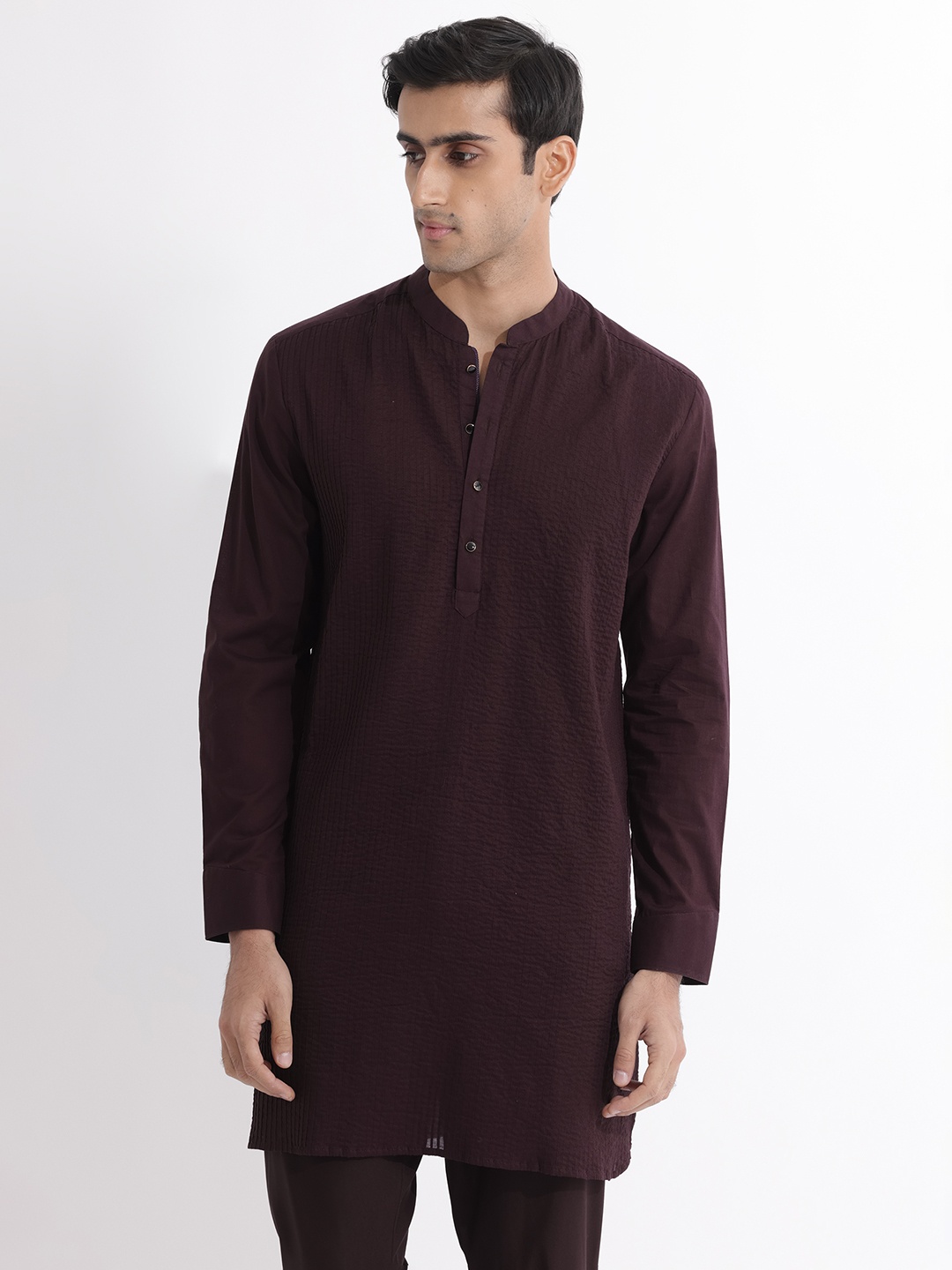

RARE RABBIT Men Ethnic Regular Fit Mandarin Striped Cotton Kurta, Maroon