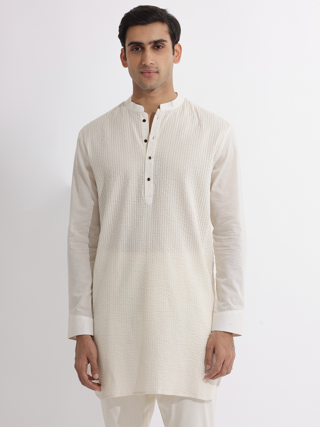 

RARE RABBIT Men Ethnic Regular Fit Mandarin Striped Cotton Kurta, Beige