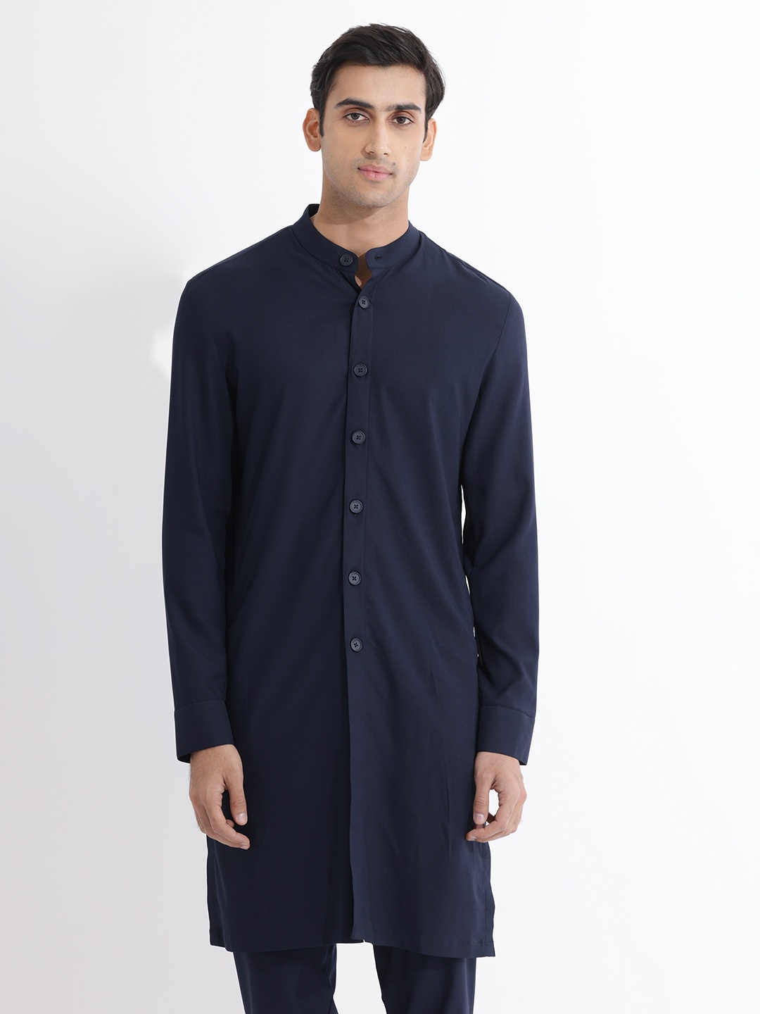 

RARE RABBIT Men Medo-K Regular Fit Mandarin Cotton Kurta, Navy blue