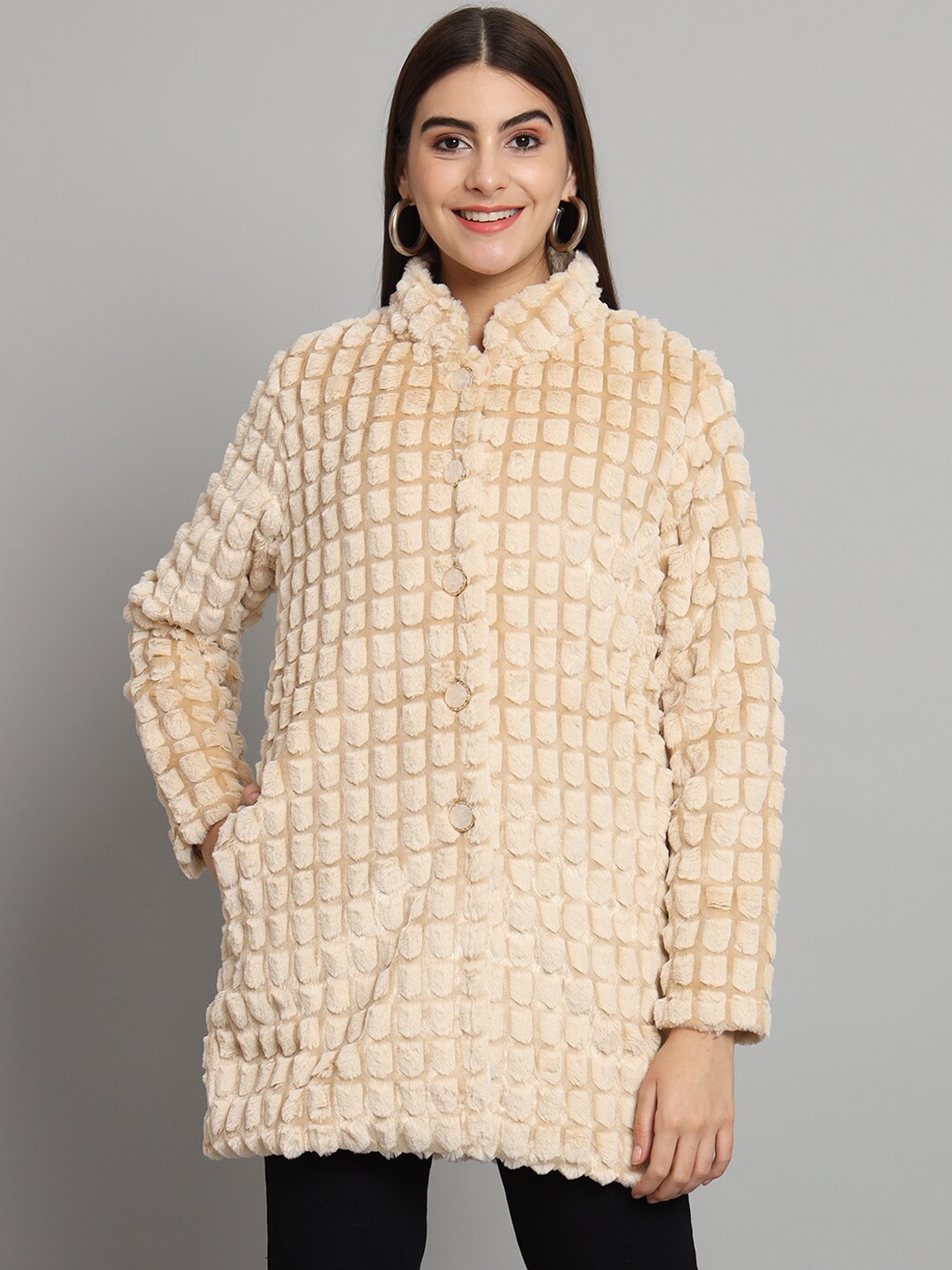 

BROOWL Self Design Longline Woollen Overcoat, Cream