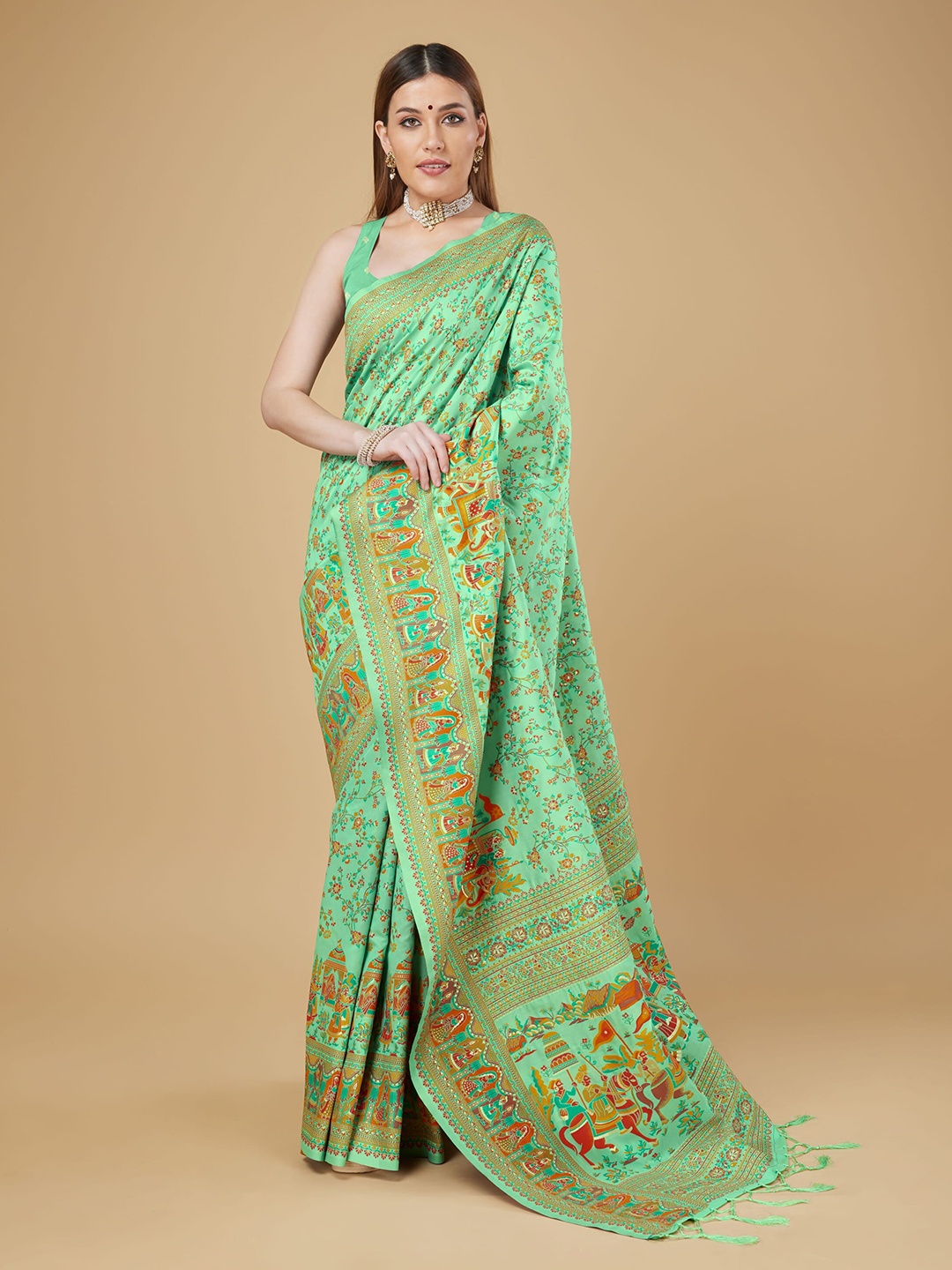 

RAJ DHARMA SILK Ethnic Motifs Woven Design Pashmina Work Zari Banarasi Saree, Green