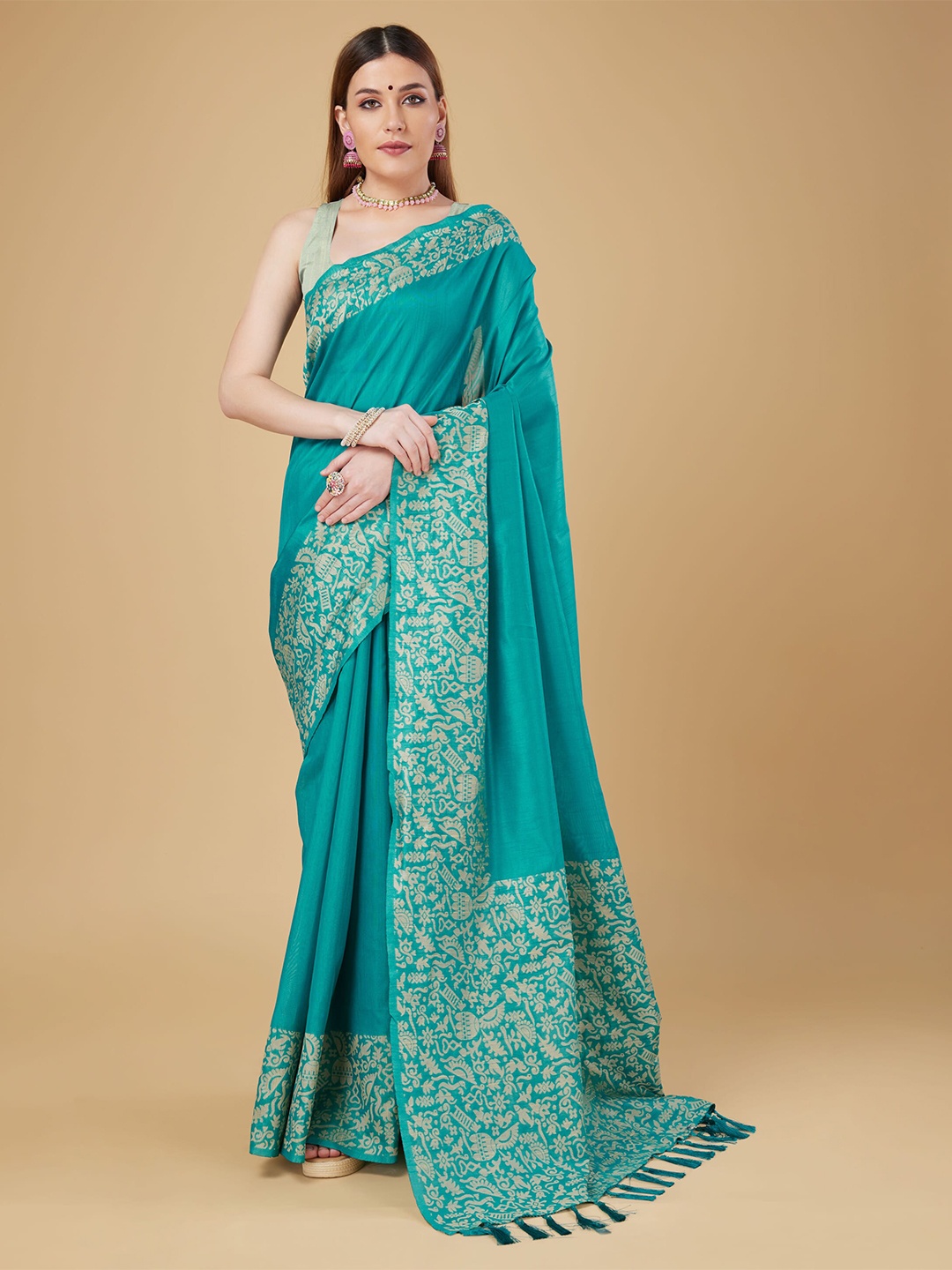 

RAJ DHARMA SILK Ethnic Motifs Woven Design Border Zari Banarasi Saree, Turquoise blue