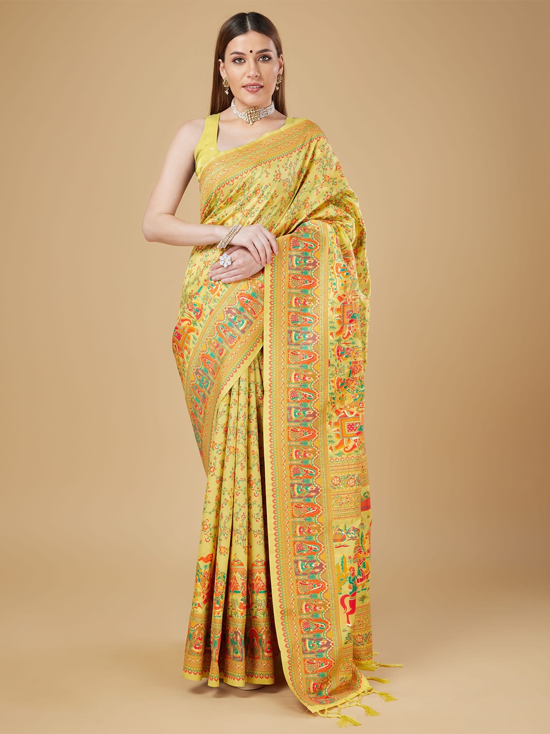 

RAJ DHARMA SILK Floral Woven Design Zari Detailed Banarasi Saree, Yellow