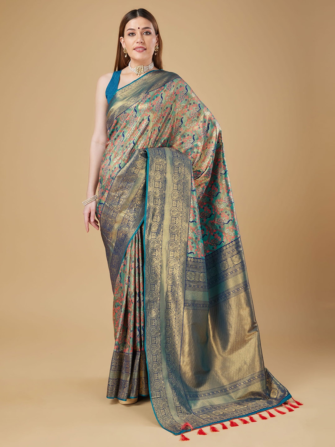 

RAJ DHARMA SILK Floral Woven Design Zari Detailed Banarasi Saree, Turquoise blue