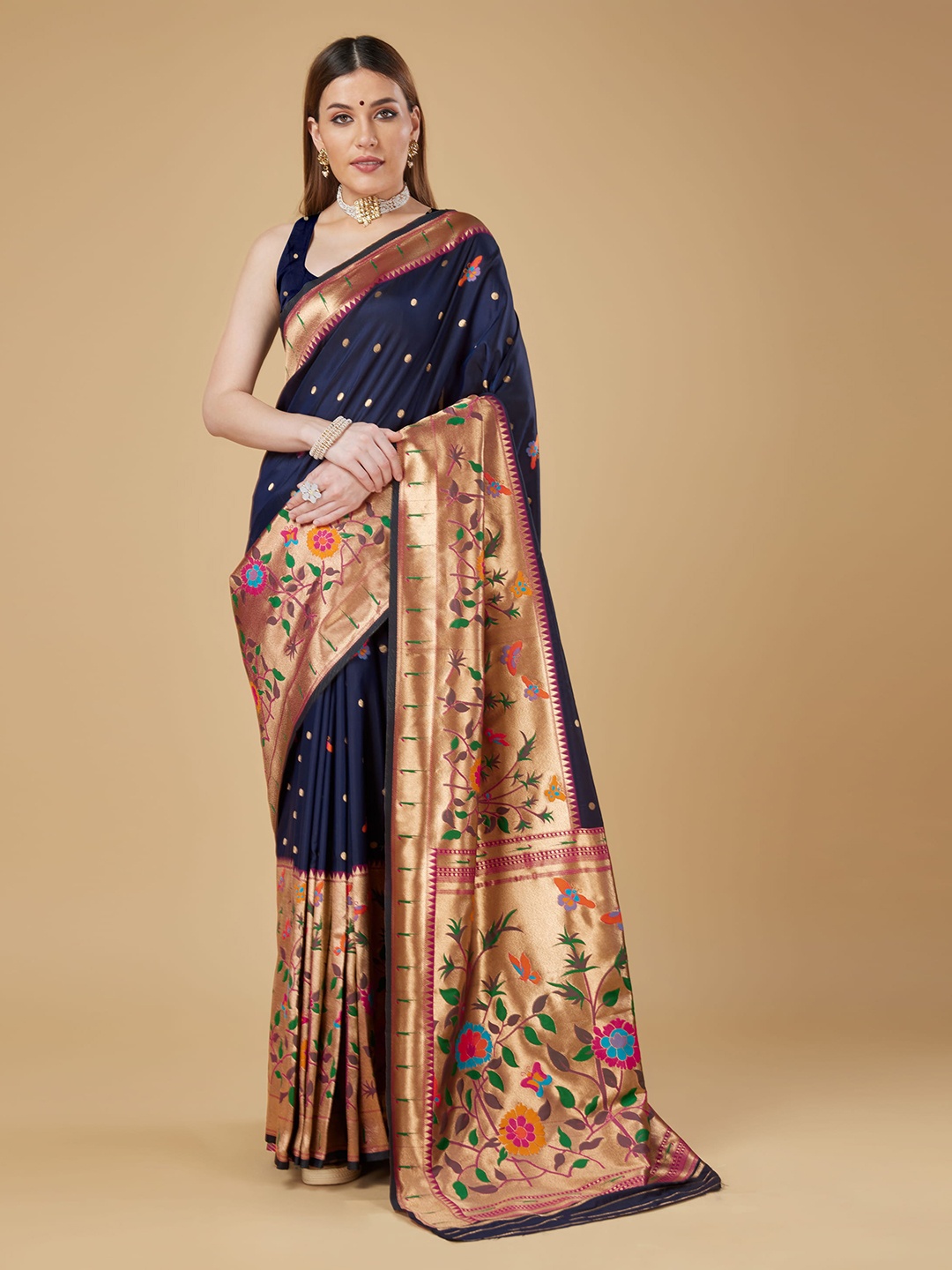 

RAJ DHARMA SILK Floral Woven Design Zari Paithani Saree, Blue