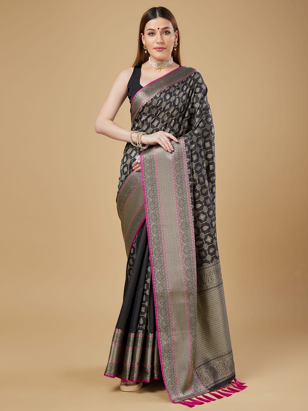 

RAJ DHARMA SILK Ethnic Motifs Woven Design Zari Detailed Banarasi Saree, Black