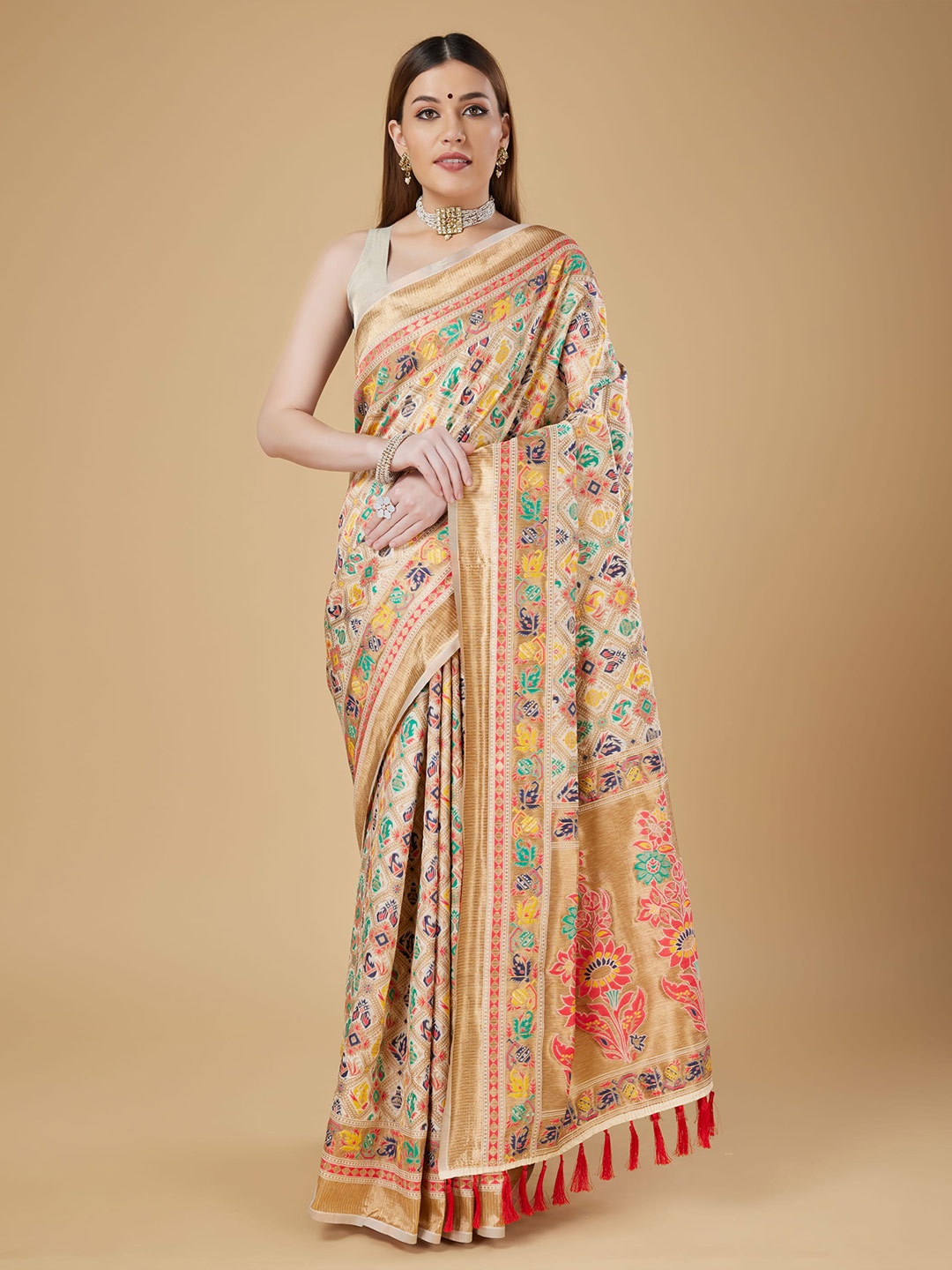 

RAJ DHARMA SILK Ethnic Motifs Woven Design Zari Patola Saree, Off white